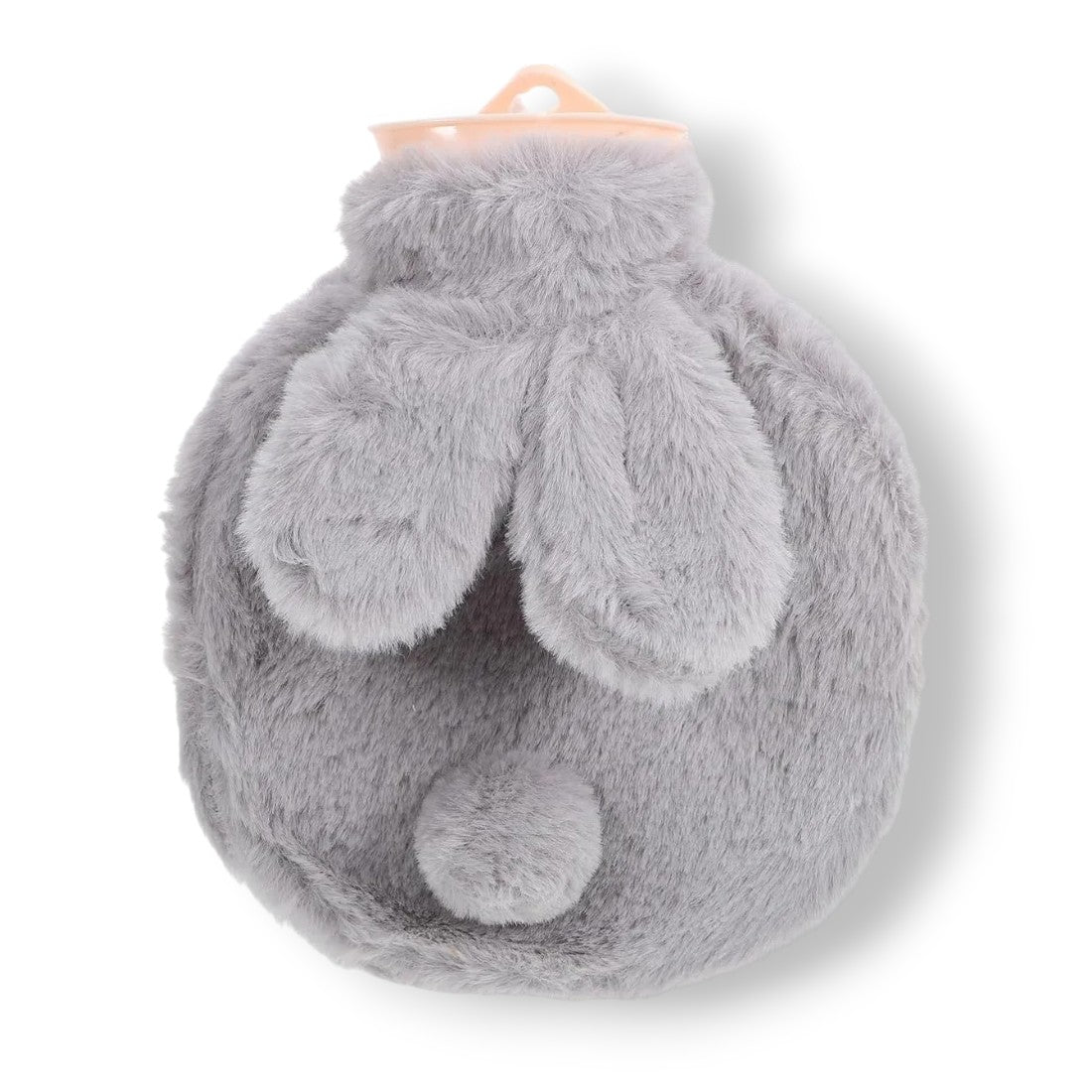Runde Wärmflasche Kuscheltier weich in Grau mit Hasenohren und Bommel als Relief, auf weißem Hintergrund.