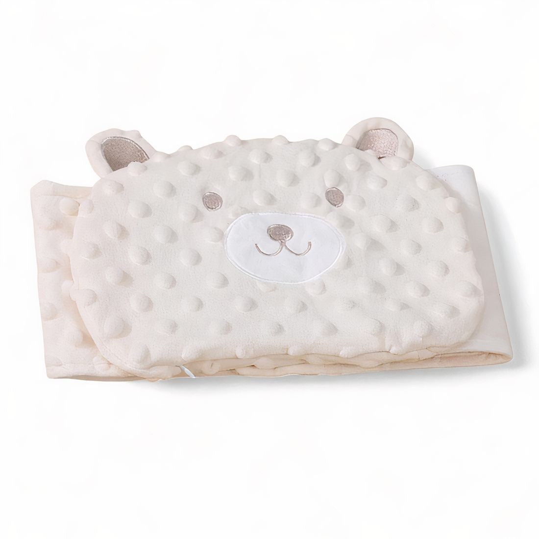 Bauchwärmer Bär in Kuscheltier-Textur, verstellbarer Gürtel, auf weißem Hintergrund.