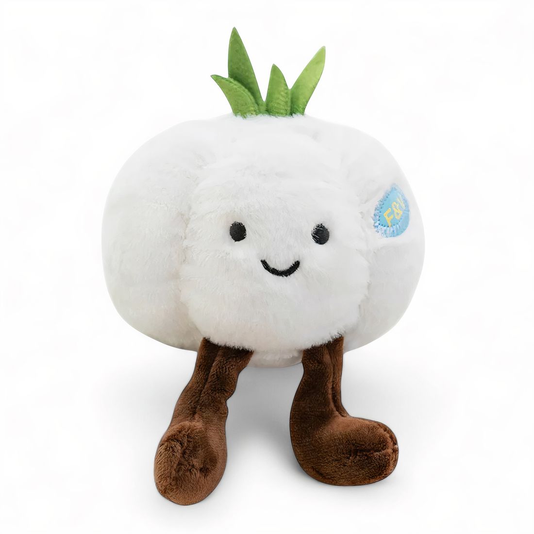 Kuscheltier in Kawaii-Optik, ein weißer Knoblauchkopf mit grünen Trieben und braunen Beinen, auf weißem Hintergrund.