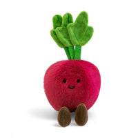 Kuscheltier in Kawaii-Optik, eine spritzige, runde, weinrote Rote Bete mit großen grünen Blättern und lächelnden braunen Füßen, auf weißem Hintergrund.