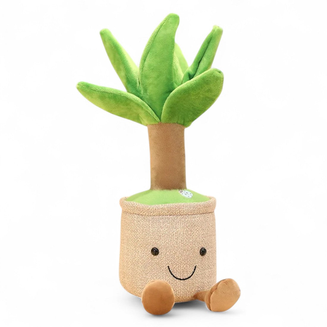 Kuscheltier in Kawaii-Optik, ein lächelnder Yucca im Topf, mit braunen Füßen, auf weißem Hintergrund