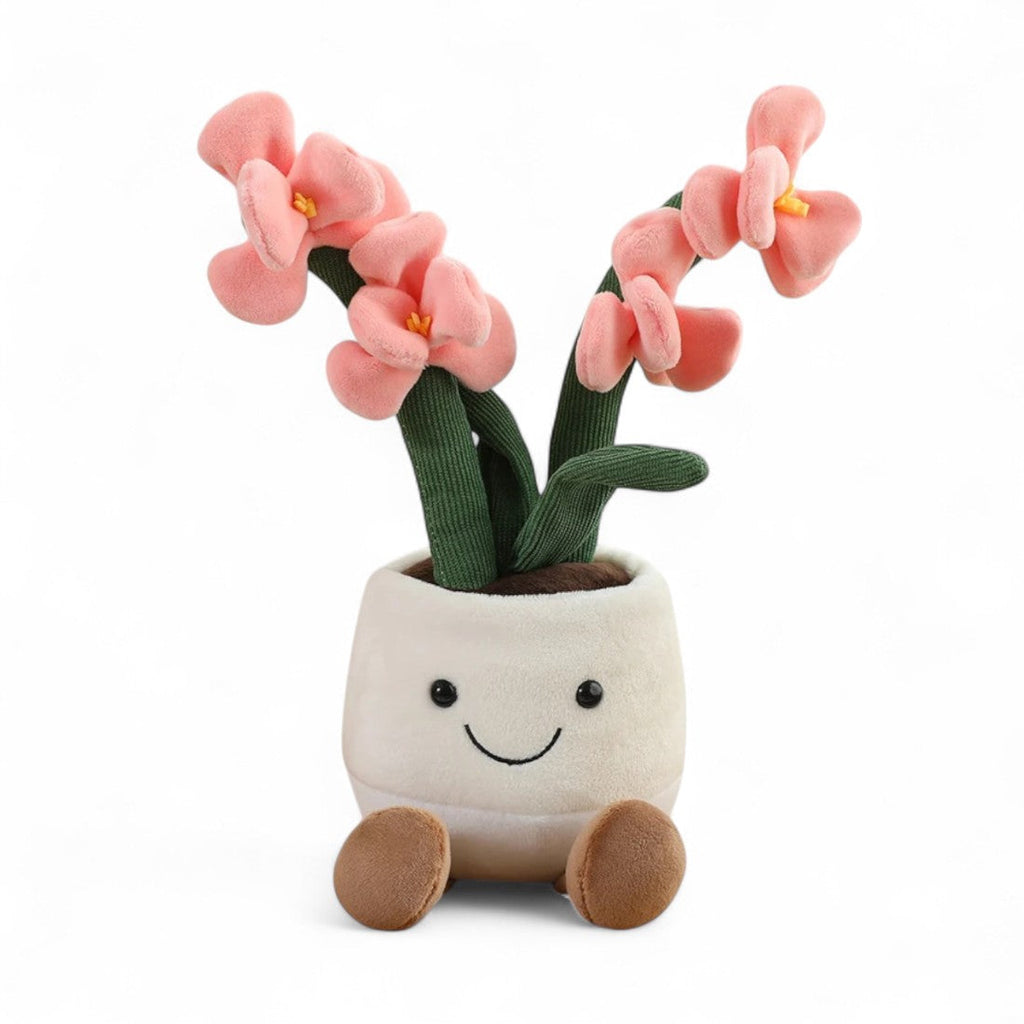 Kuscheltier Kawaii-Pflanze Orchidee rosa in einem lächelnden beigen Stofftopf, auf weißem Hintergrund.