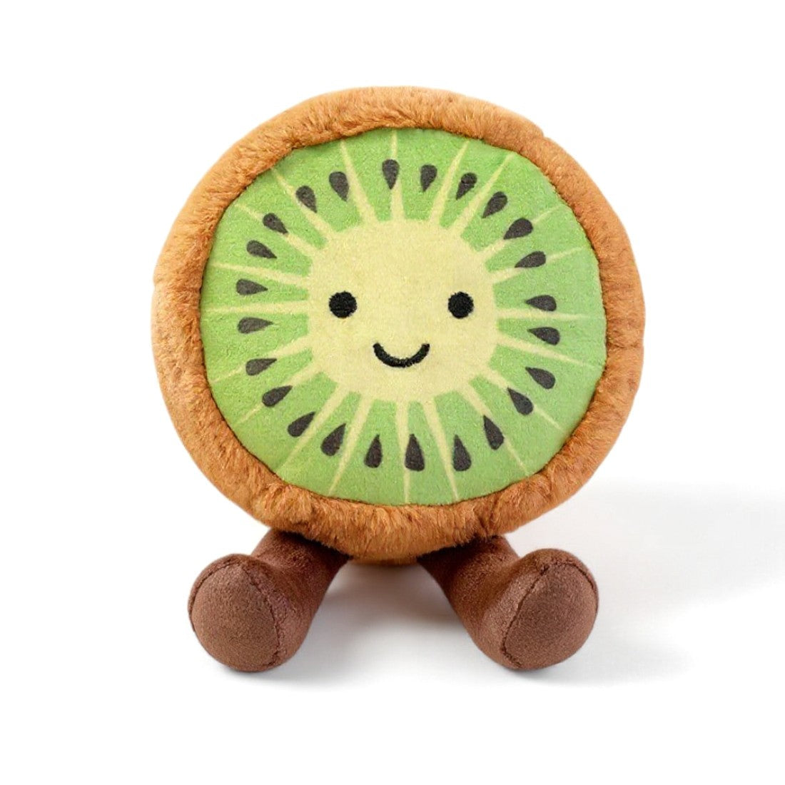 Rundes Kuscheltier in Form einer grünen Kiwi mit lächelndem Gesicht und braunen Beinchen, auf weißem Hintergrund.