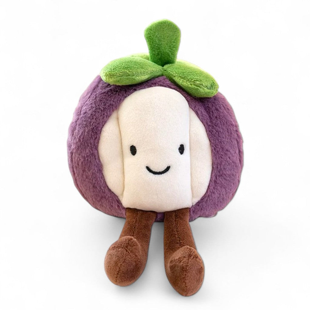 Rundes Kuscheltier in Form einer violett-weißen Mangostane mit kleinem Lächeln, braunen Beinchen und einem grünen Blatt auf dem Kopf, auf weißem Hintergrund.