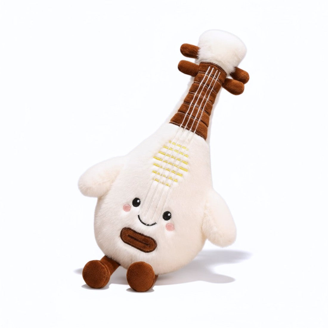 Kuscheltier in Form einer Kawaii-Laute mit lächelndem Gesicht, Armen und Beinen aus weicher Baumwolle, auf weißem Hintergrund.