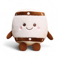 Kuscheltier in Form einer weiß-braunen Kawaii-Trommel mit lächelndem Gesicht und Armen, auf weißem Hintergrund.