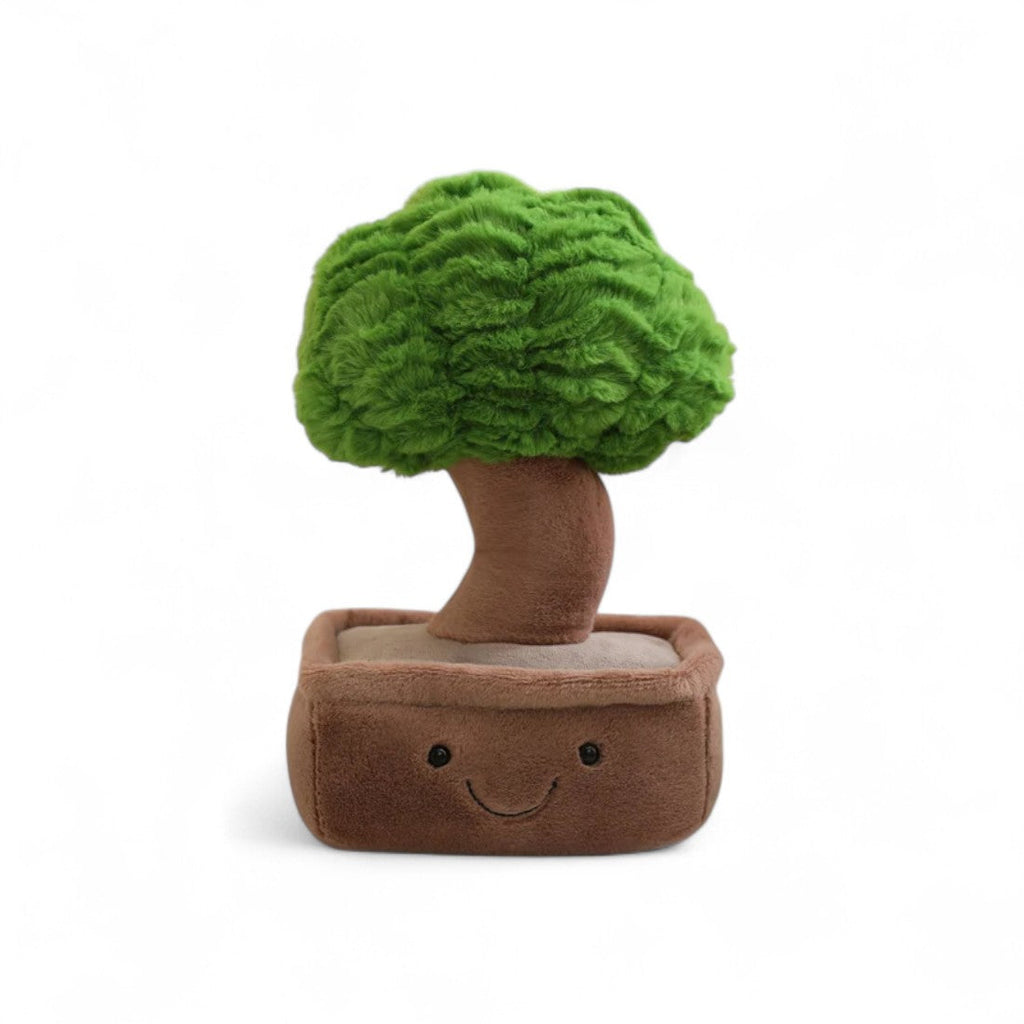 Kuscheltier Kawaii-Pflanze in Form eines lächelnden Bonsai mit braunem Topf und grünem Laub, auf weißem Hintergrund.