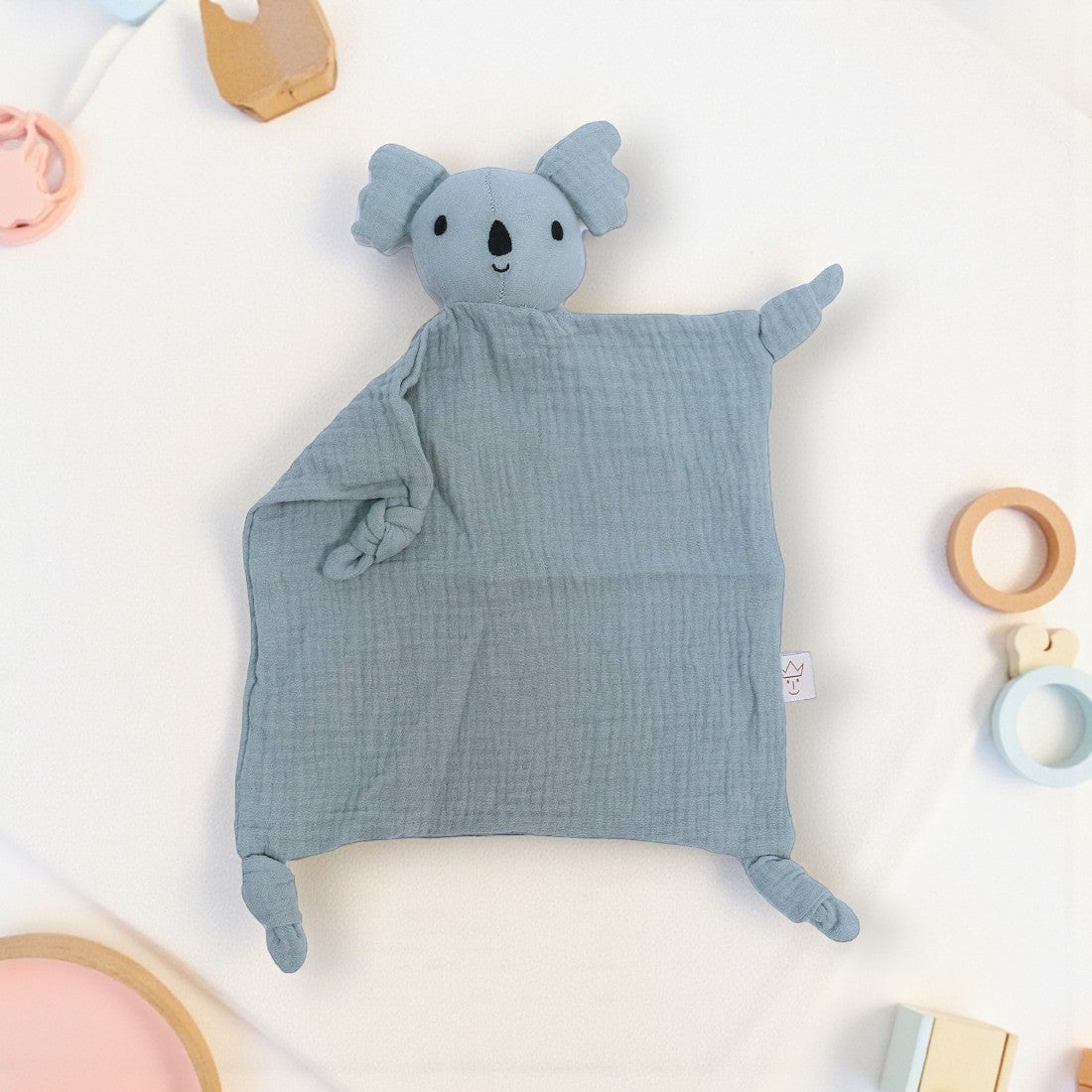 Schmusetuch Koala blau aus Baumwollmusselin