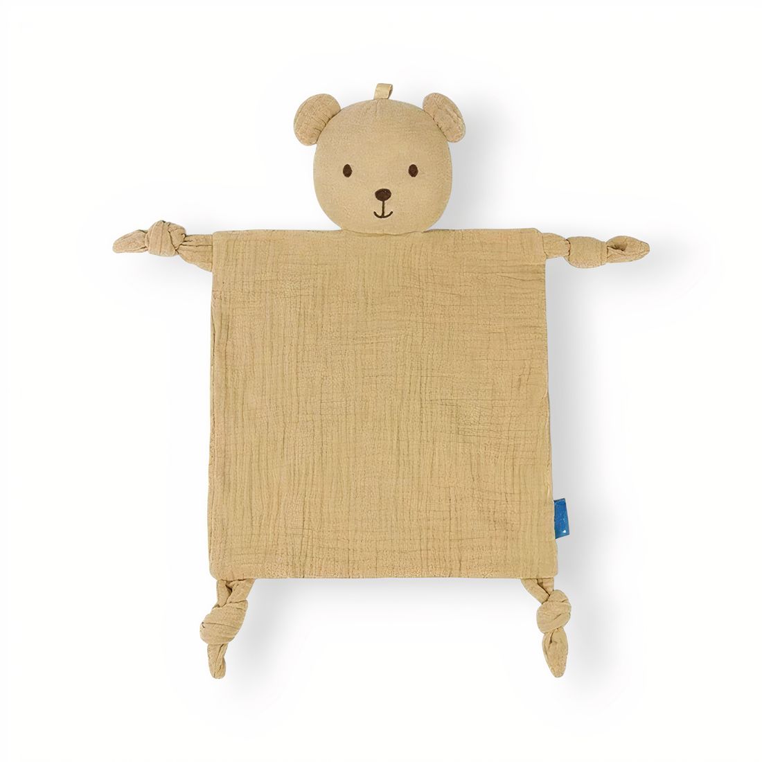 Schmusetuch Bär beige, quadratisch aus Baumwollmusselin, 25x25 cm, vor weißem Hintergrund
