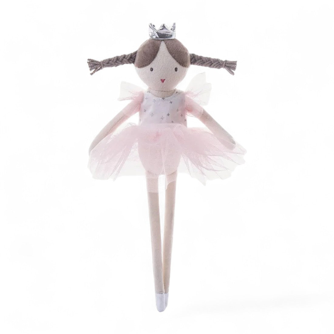 Stoffpuppe aus Baumwolle, 34 cm, mit zwei Zöpfen frisiert, rosa Tutu-Kleid und kleiner silberner Krone, stehend vor weißem Hintergrund.