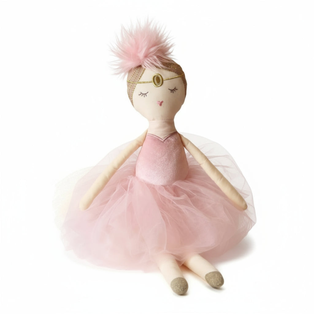 Plüschpuppe Tänzerin mit Stern im rosa Kleid aus Baumwolle für Kinder, 50 cm, voluminöses rosa Tutu und Feder auf dem Kopf, sitzend vor weißem Hintergrund.