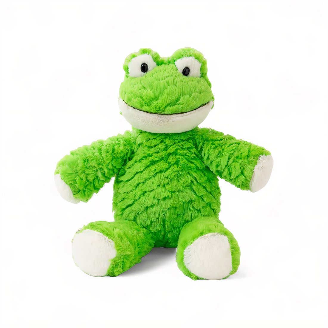 Kuscheltier Frosch grün, besticktes Lächeln, große weiße Augen, weißer Bauch und weiße Extremitäten, dicke, flauschige Textur; vor weißem Hintergrund