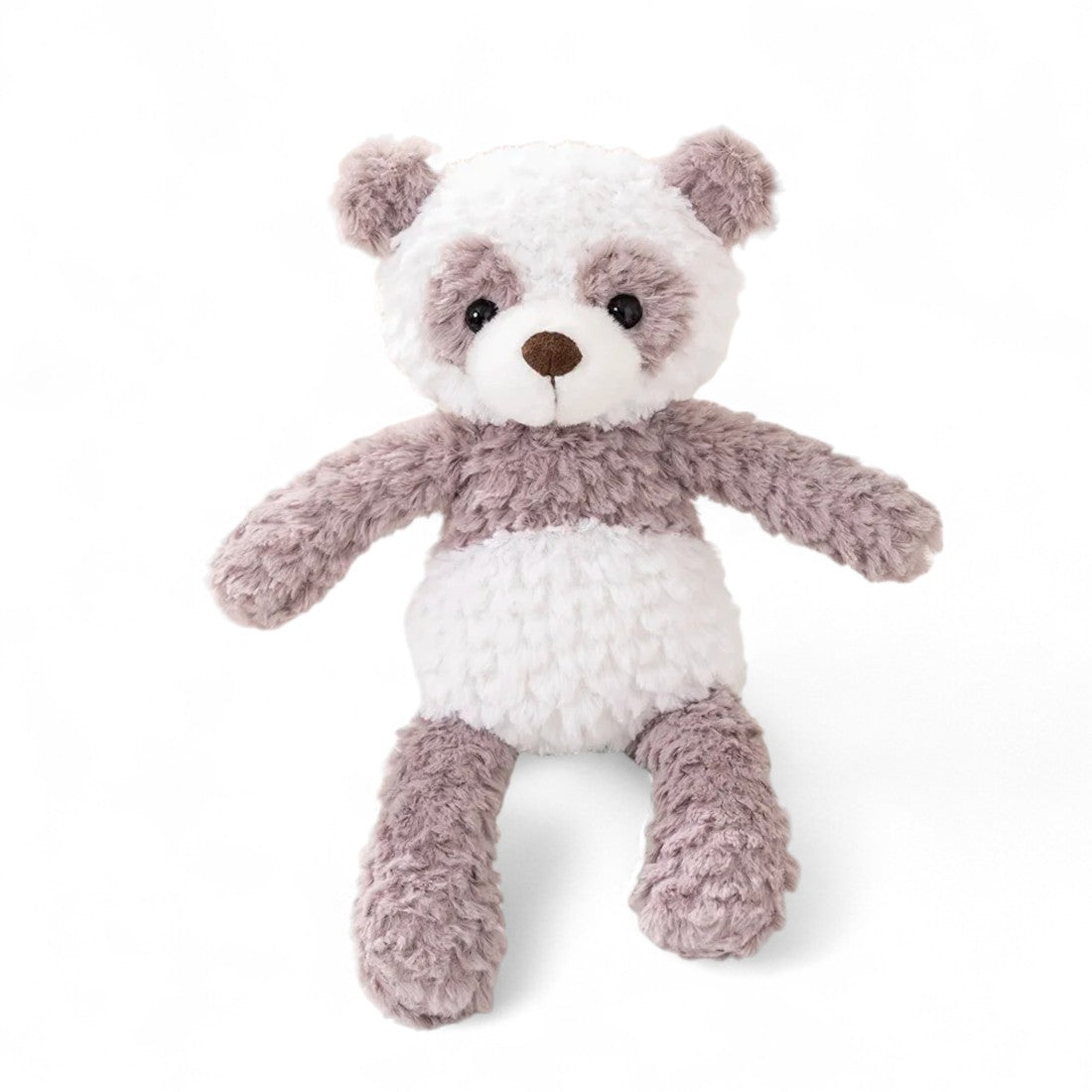 Graues und weißes Panda-Kuscheltier, braune Schnauze, große Pfoten, sitzend auf weißem Hintergrund.