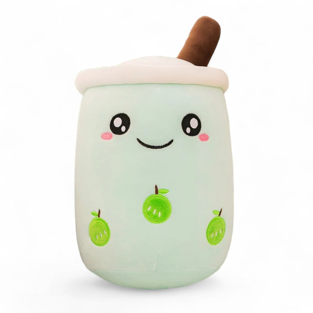 Kawaii-Kuscheltier in Bubble-Tea-Form Grüner Apfel, in zwei Größen erhältlich, wahlweise mit offenen oder geschlossenen Augen.