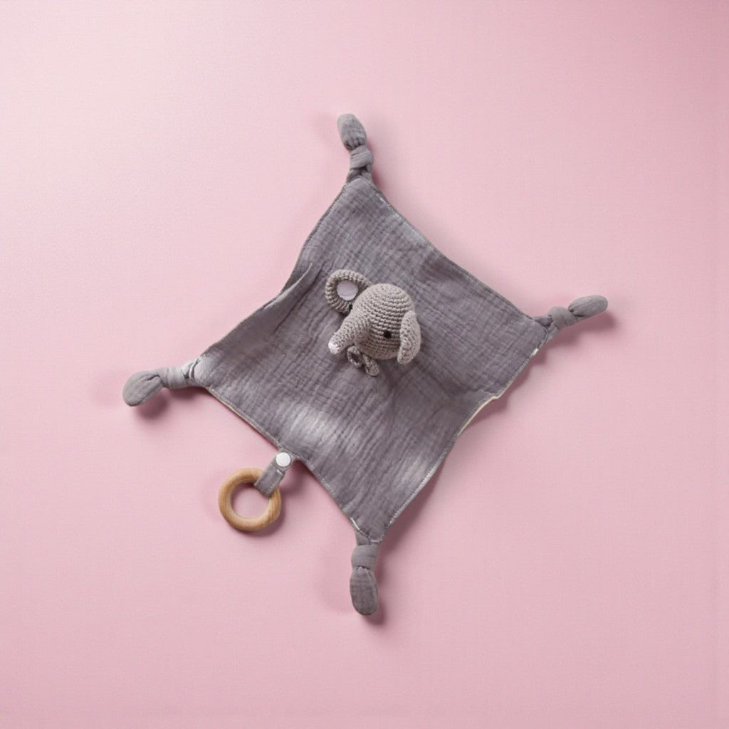 Flaches Häkel-Schmusetier Elefant mit zweifarbigem Baumwoll-Schmusetuch