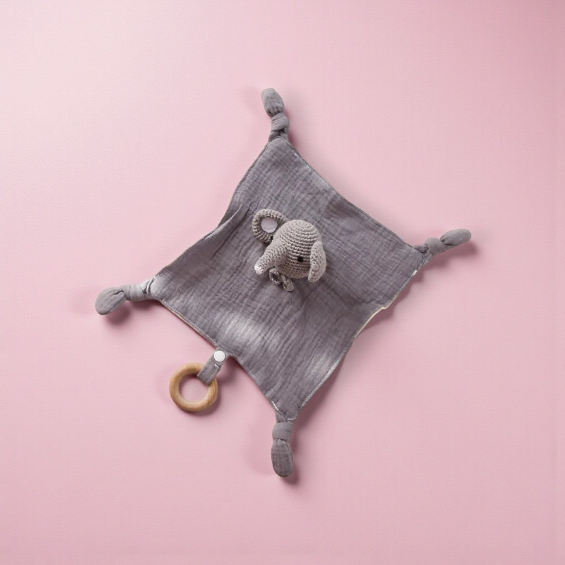 Flaches Häkel-Schmusetier Elefant mit zweifarbigem Baumwoll-Schmusetuch