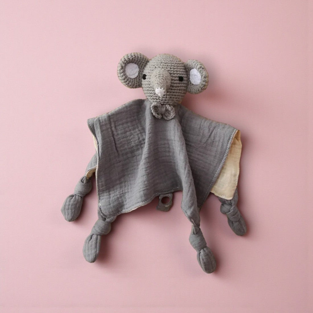 Flaches Häkel-Schmusetier Elefant mit zweifarbigem Baumwoll-Schmusetuch