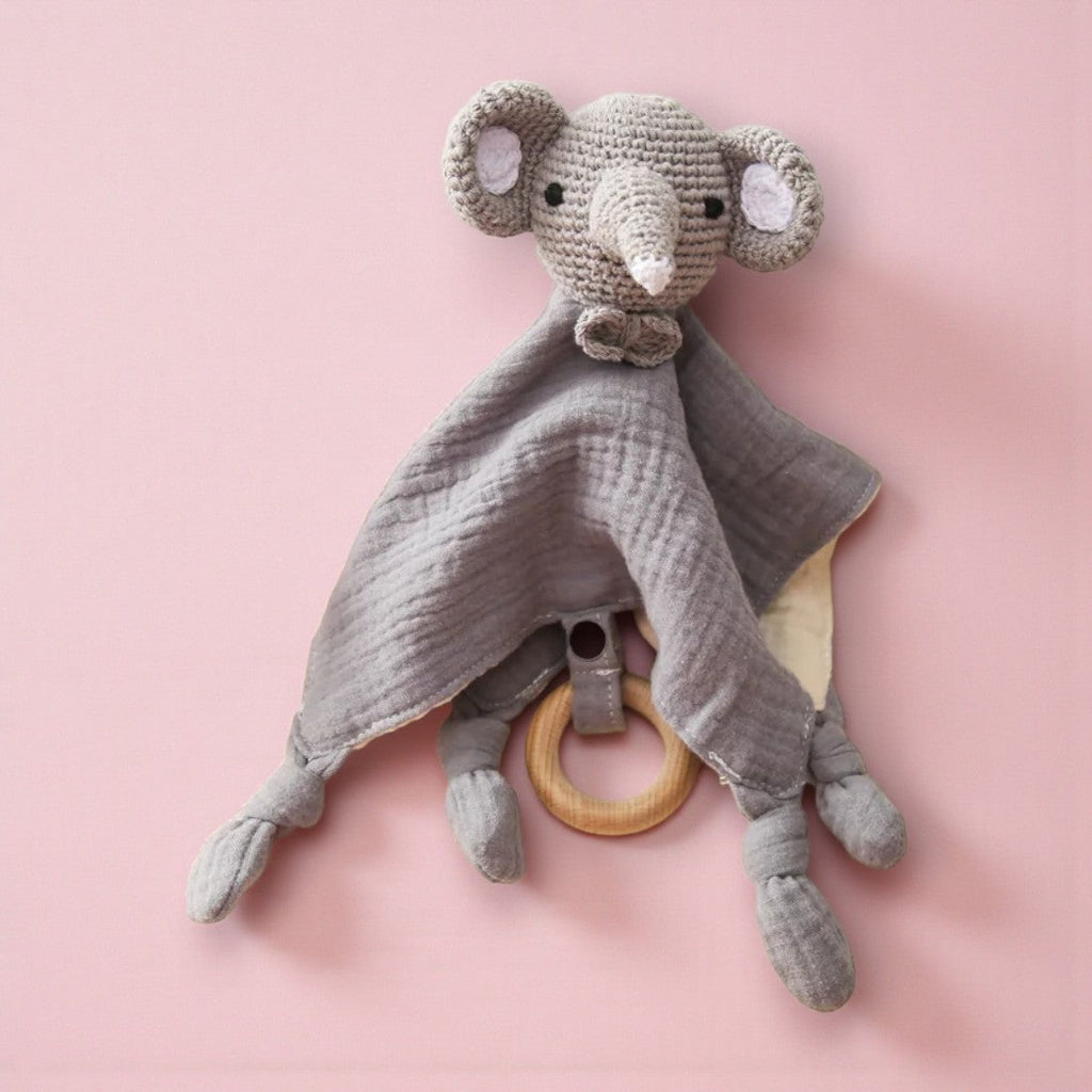 Flaches Häkel-Schmusetier Elefant mit zweifarbigem Baumwoll-Schmusetuch