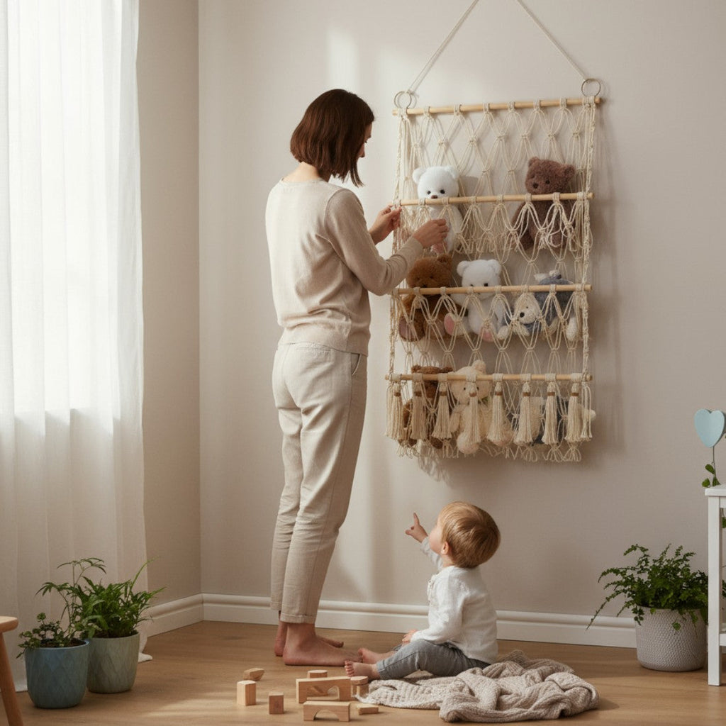 Vertikales Wand-Aufbewahrungsregal aus Makramee für Kuscheltiere