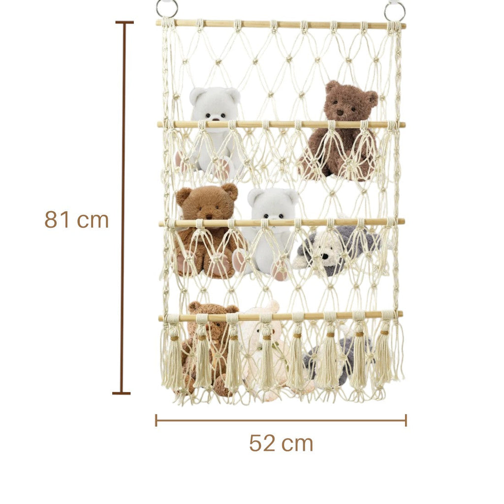 Vertikales Wand-Aufbewahrungsregal aus Makramee für Kuscheltiere