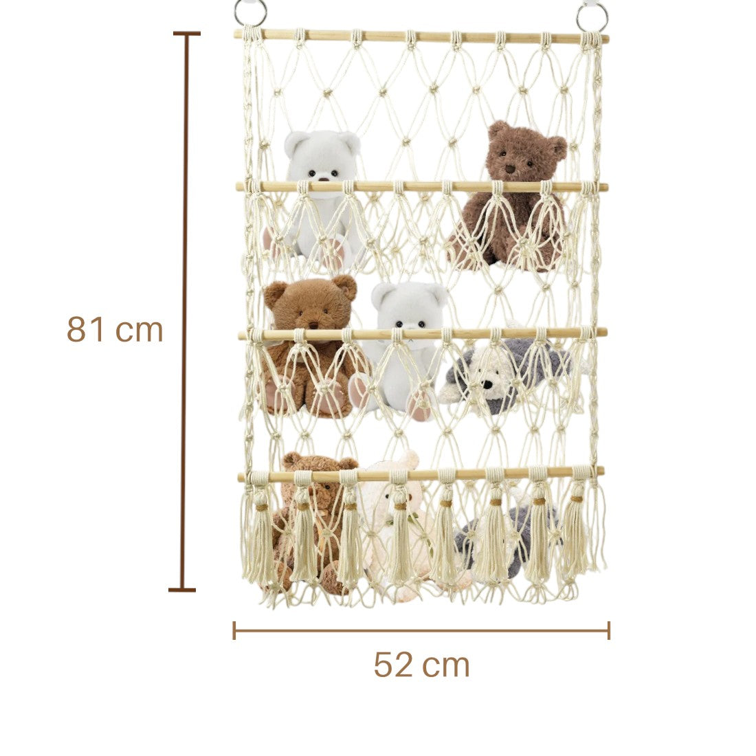 Vertikales Wand-Aufbewahrungsregal aus Makramee für Kuscheltiere