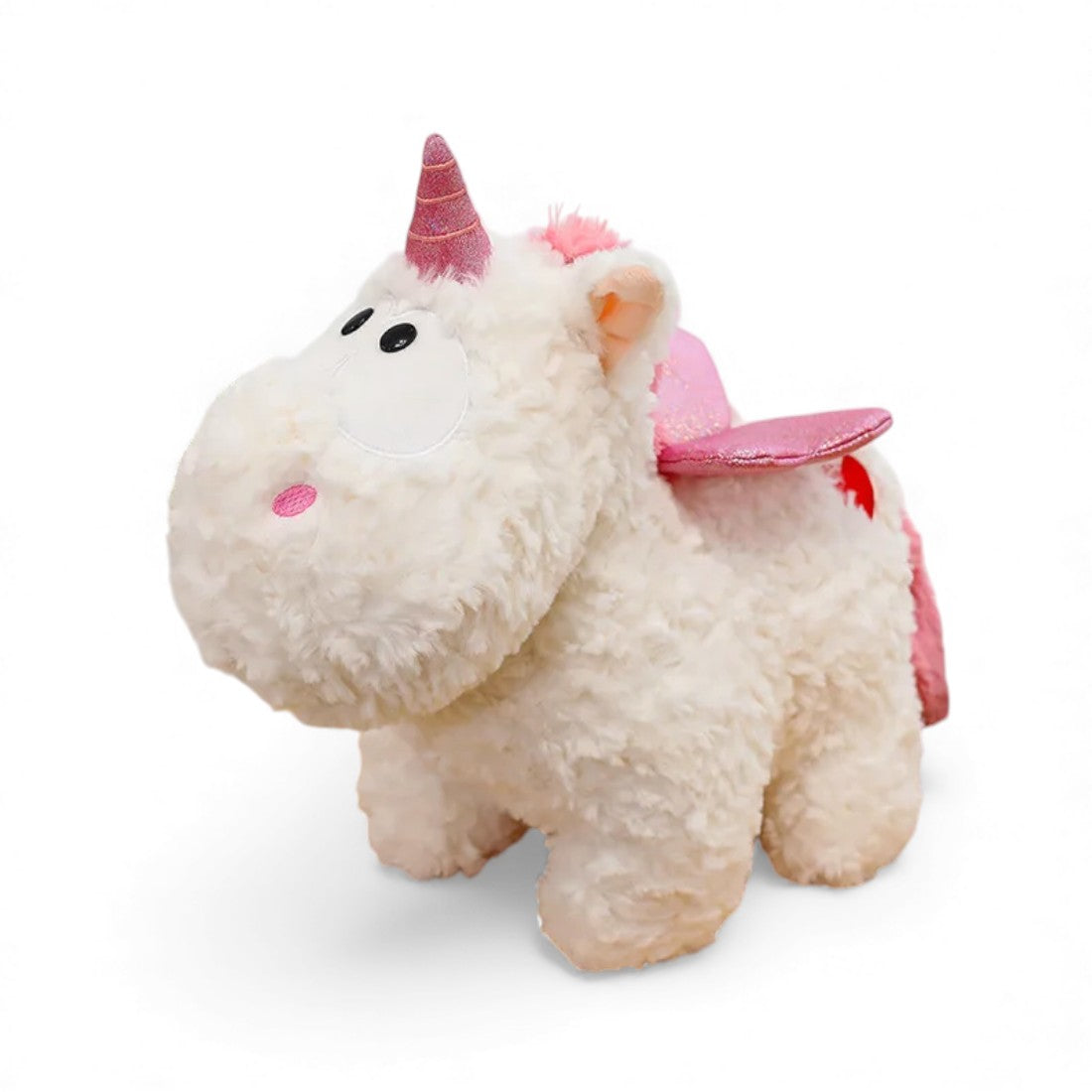 Rosa Einhorn Kuscheltier mit lockigem Fell und glänzenden Flügeln