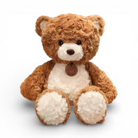 Ein flauschiger hellbrauner Teddybär mit weichem weißem Bauch, ausdrucksstarken runden schwarzen Augen, entzückender Schnauze, kleinen runden Ohren, pummeligen Pfoten und rundem Ledermedaillon um den Hals, auf einheitlich weißem Hintergrund.