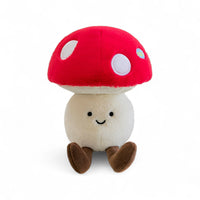 Kuscheltier Kawaii-Gemüse charmanter Pilz, rot und weiß, 20 cm, sitzend mit langen braunen Beinen, Vorderansicht auf weißem Hintergrund.