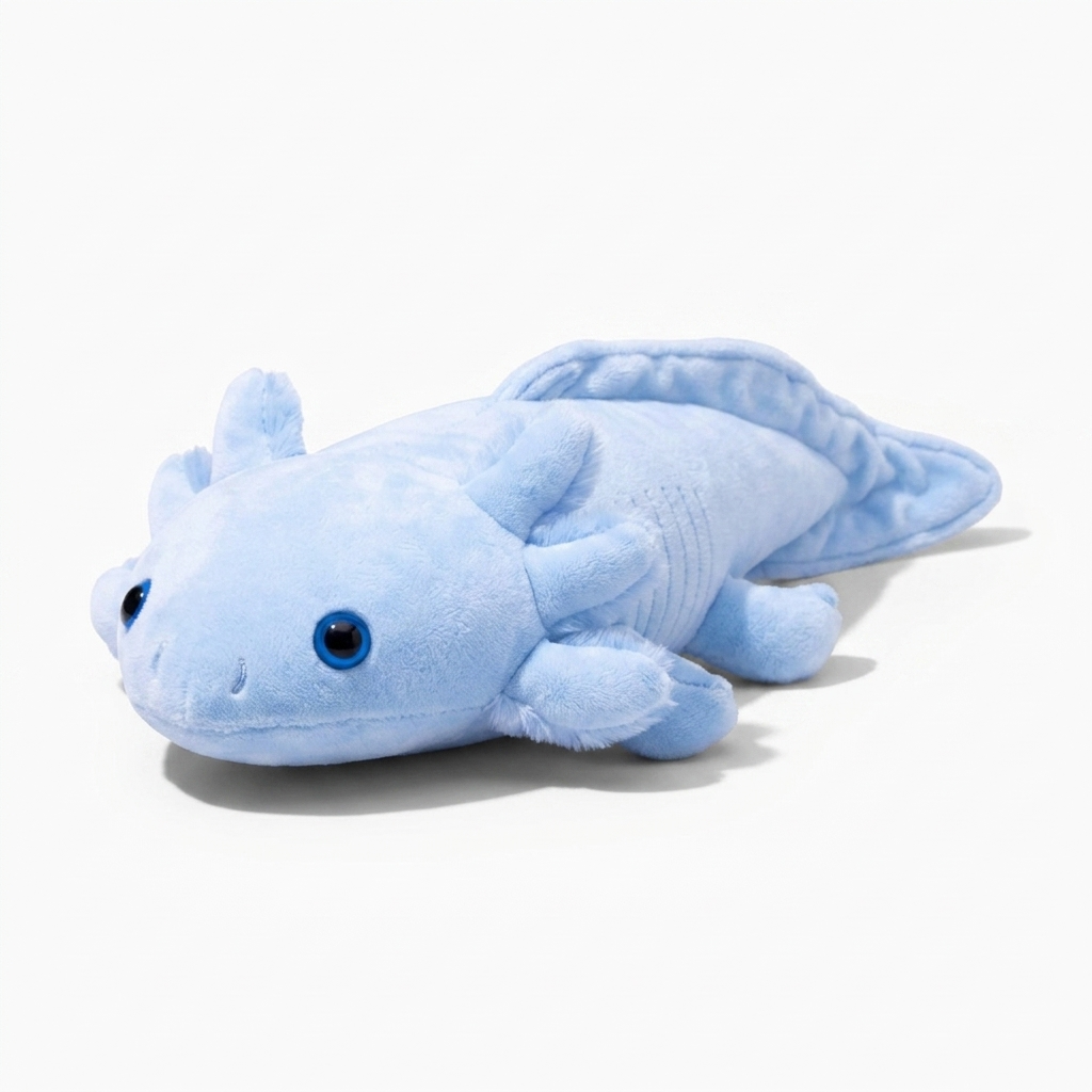 Axolotl Kuscheltier lang blau Kuschelkissen - Weißer Hintergrund seitlich