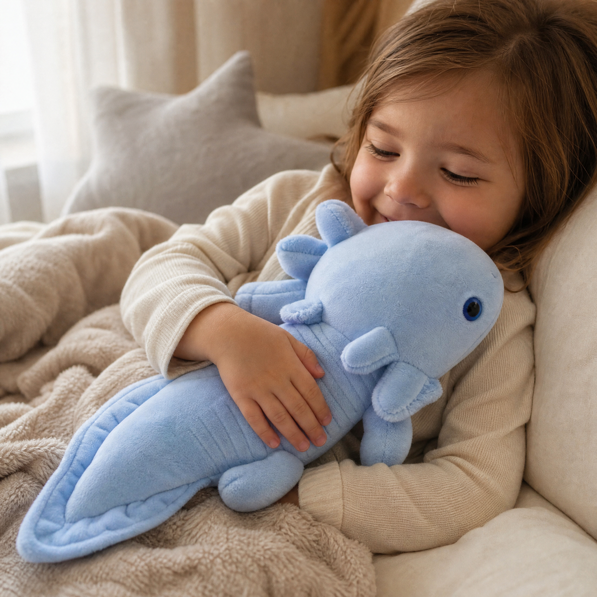 Axolotl Kuscheltier lang blau Kuschelkissen - Verwendung gemütliches Interieur