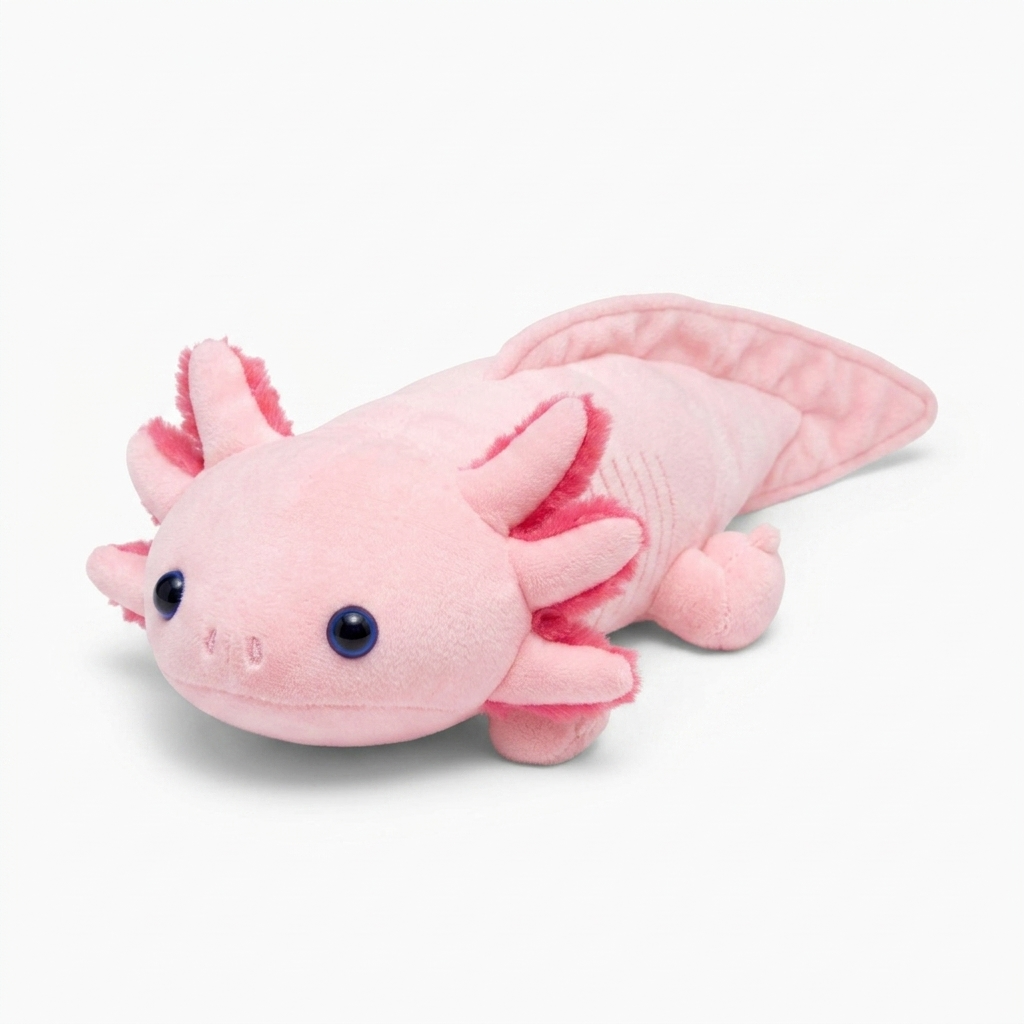 Axolotl Kuscheltier lang rosa Kuschelkissen - Weißer Hintergrund Seitenansicht