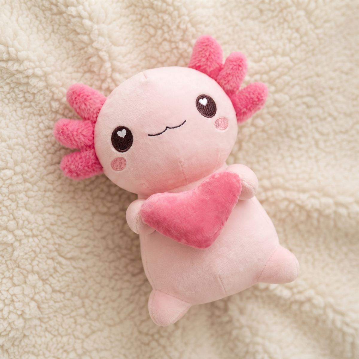 Axolotl Kuscheltier rosa mit Herz Kawaii - Detailansicht Material