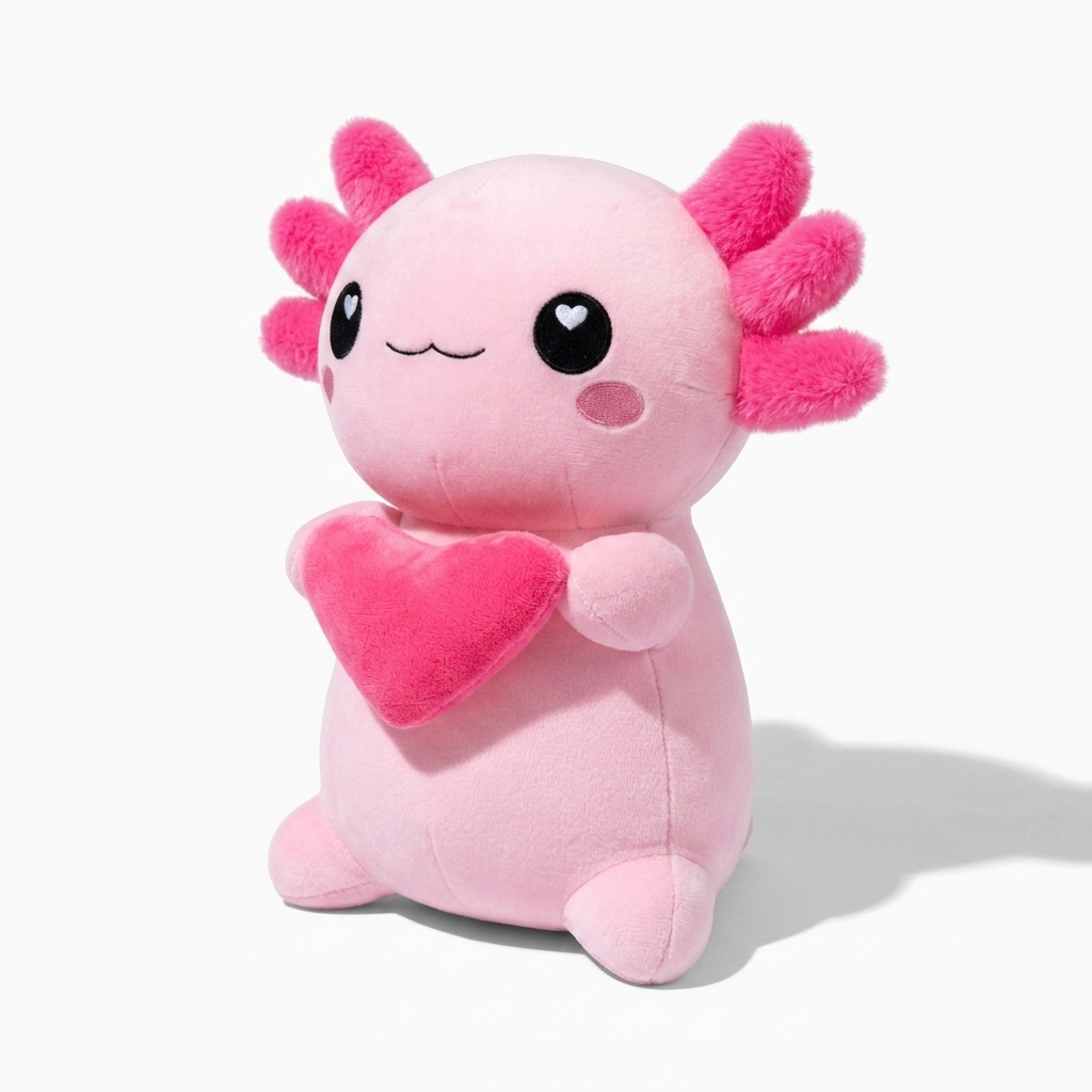 Axolotl Kuscheltier rosa mit Herz Kawaii - Weißer Hintergrund seitlich