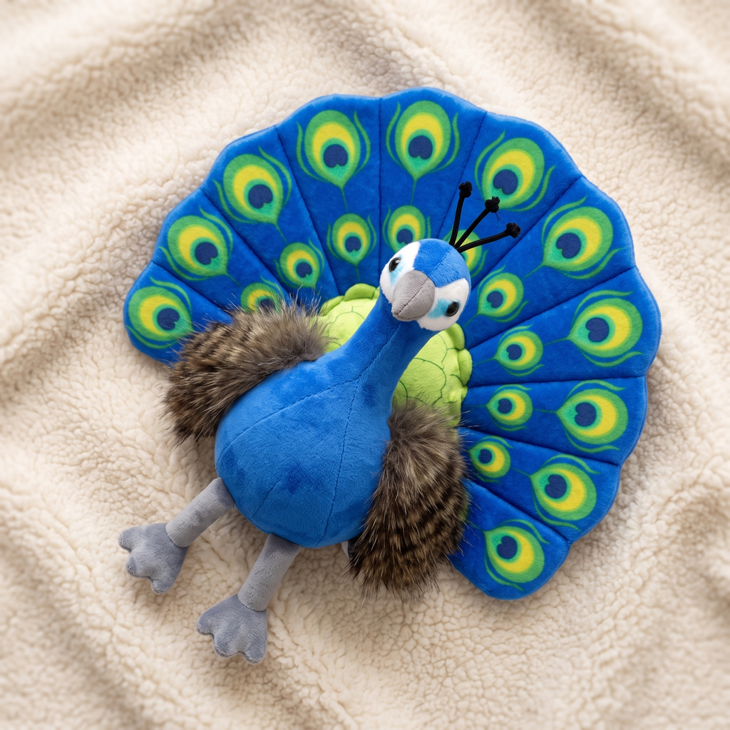 Blaues Pfau Kuscheltier bunte Federn - Detailansicht Material