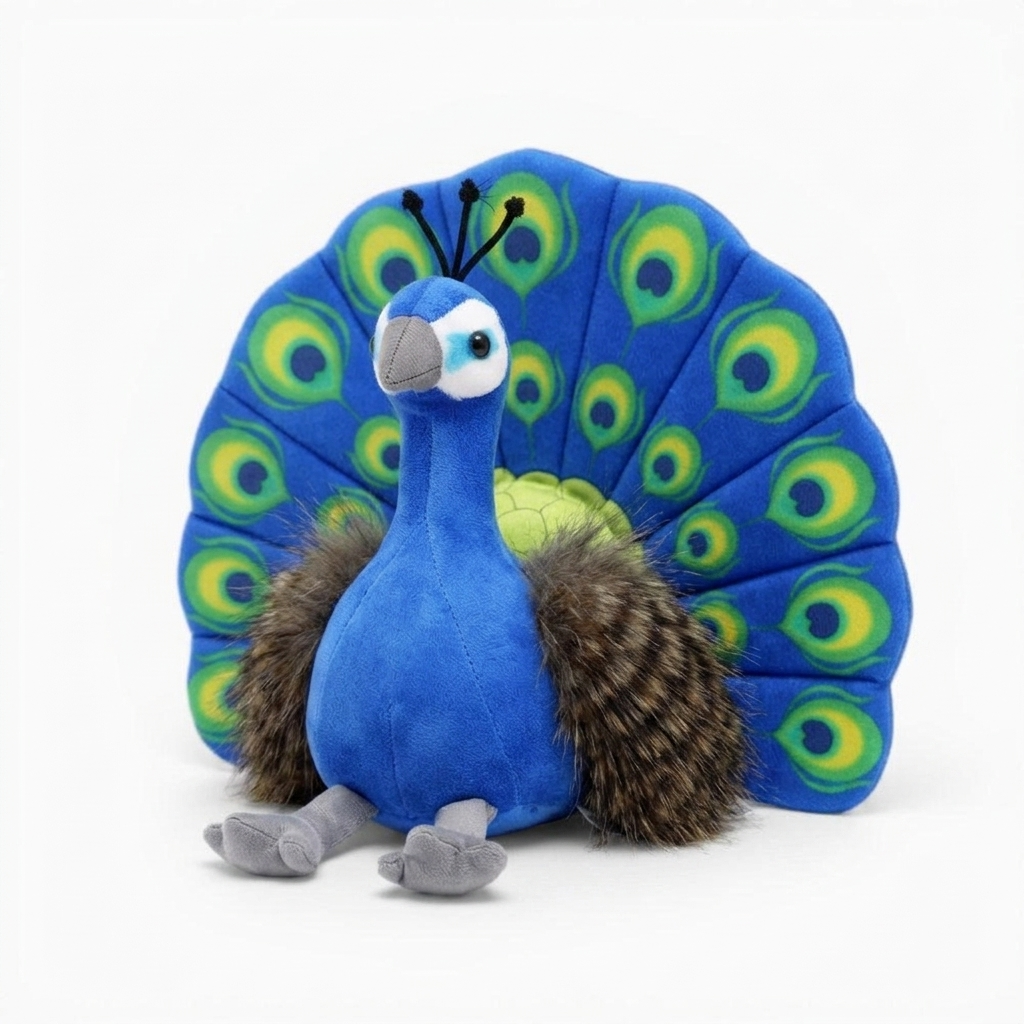 Blaues Pfau Kuscheltier bunte Federn - Weißer Hintergrund seitlich