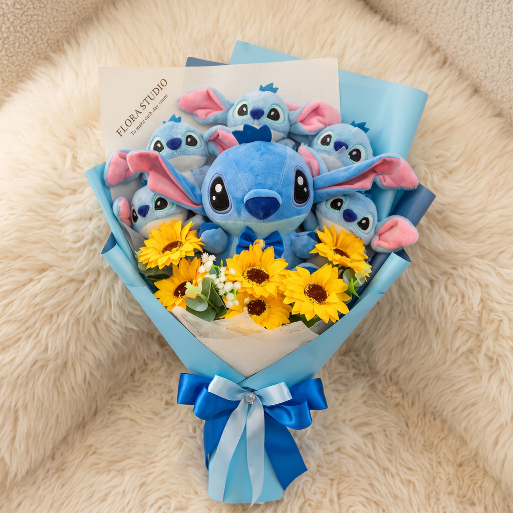 Stitch-Kuscheltier-Strauß mit Blumen - Materialdetail
