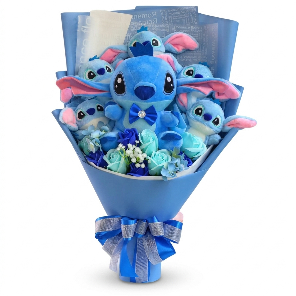 Stitch-Kuscheltier-Strauß mit Blumen - Modell 1