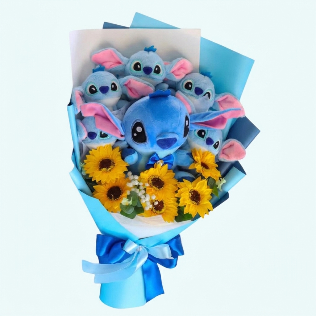 Stitch-Kuscheltier-Strauß mit Blumen - Modell 2