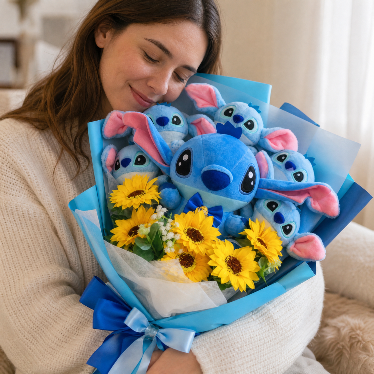 Stitch-Kuscheltier-Strauß mit Blumen - Gemütliche Anwendung im Innenbereich