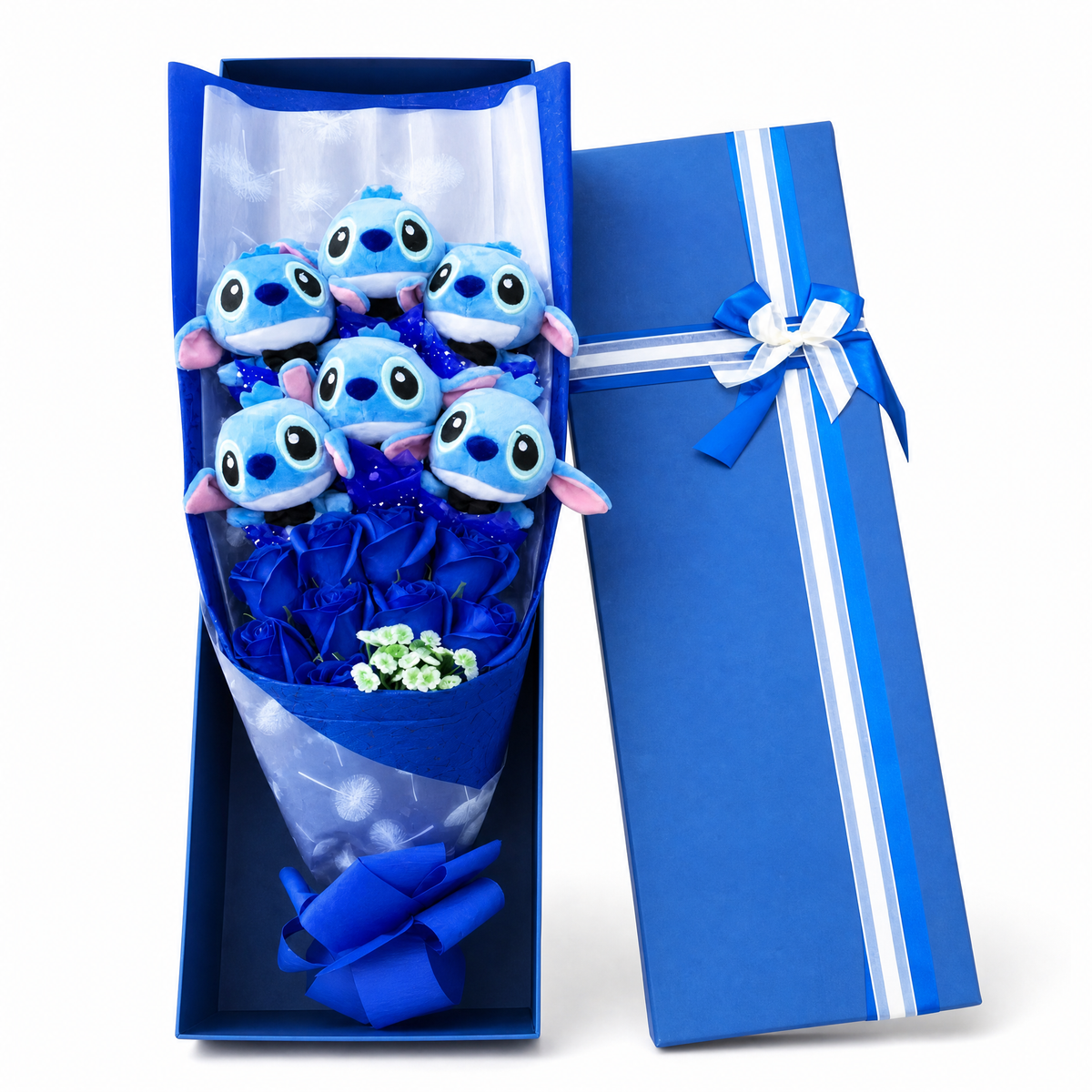 Stitch Gentleman Kuscheltier Bouquet 6-teilig - Frontalansicht auf weißem Hintergrund