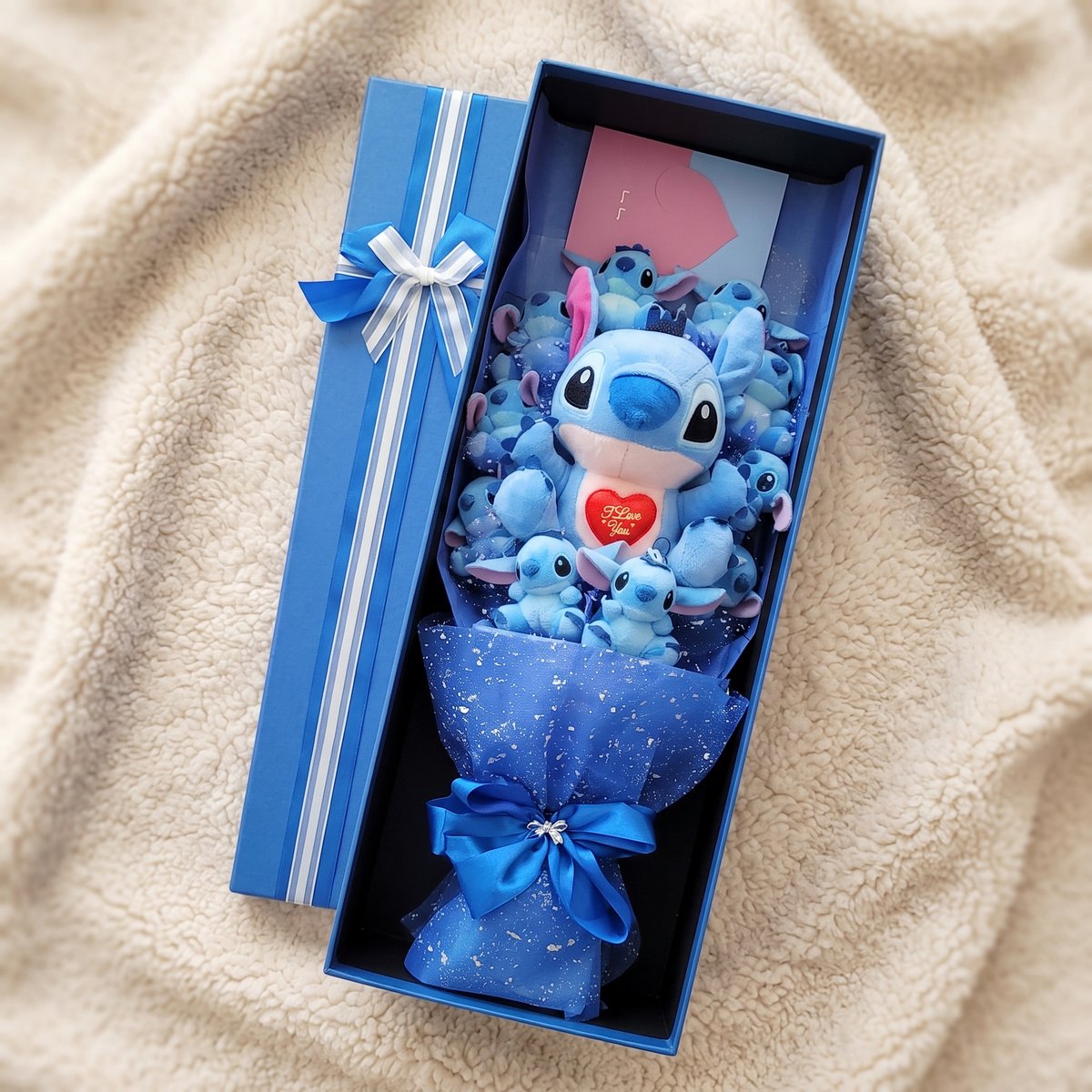 Stitch Kuscheltier Bouquet I Love You mit Geschenkbox - Detailansicht Material
