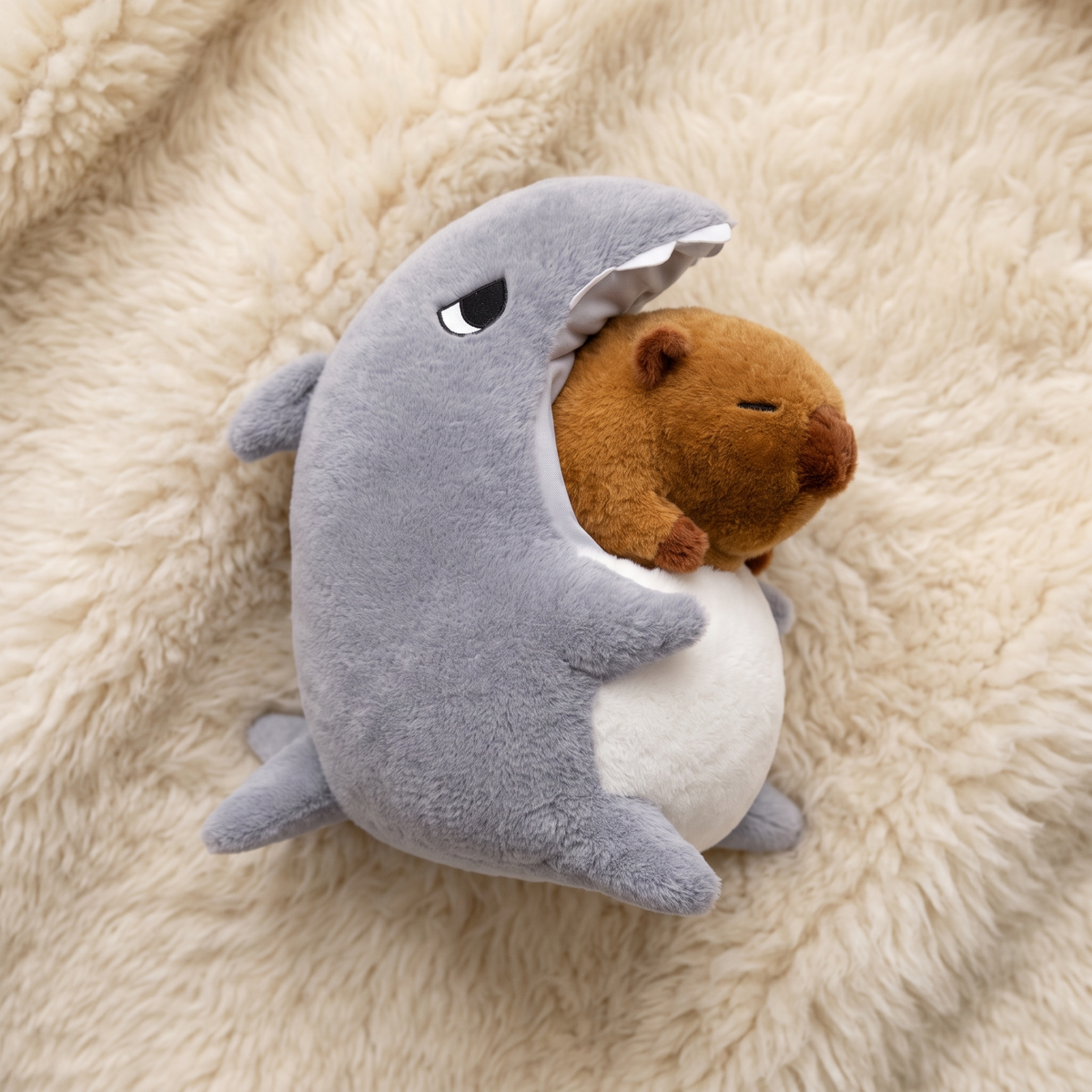 Capybara Kuscheltier im Hai-Kostüm - Materialdetail
