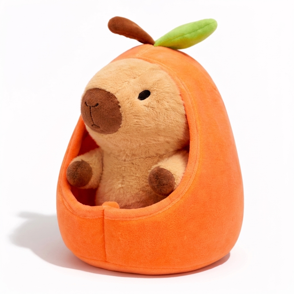 Capybara Kuscheltier in Pfirsich Fruchthülle - Weißer Hintergrund seitlich
