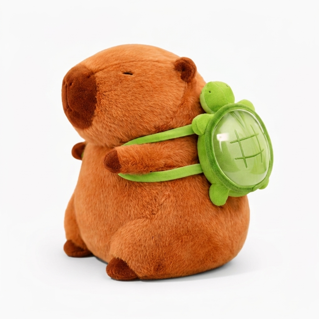 Kuscheltier Capybara mit Schildkröten-Rucksack - Seitenansicht auf weißem Hintergrund
