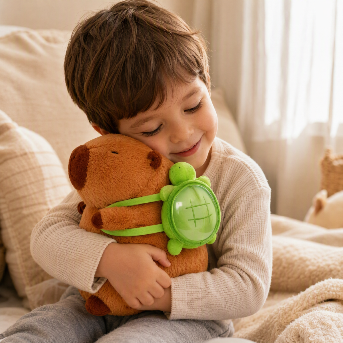 Kuscheltier Capybara mit Schildkröten-Rucksack - Gemütliche Anwendung im Innenbereich