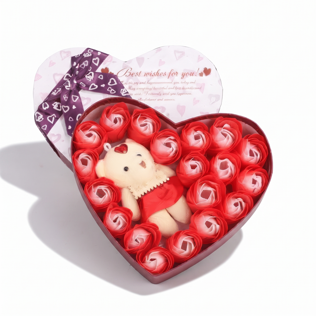 Rosenbär Kuscheltier Geschenkbox zum Valentinstag - weißer Hintergrund Frontalansicht