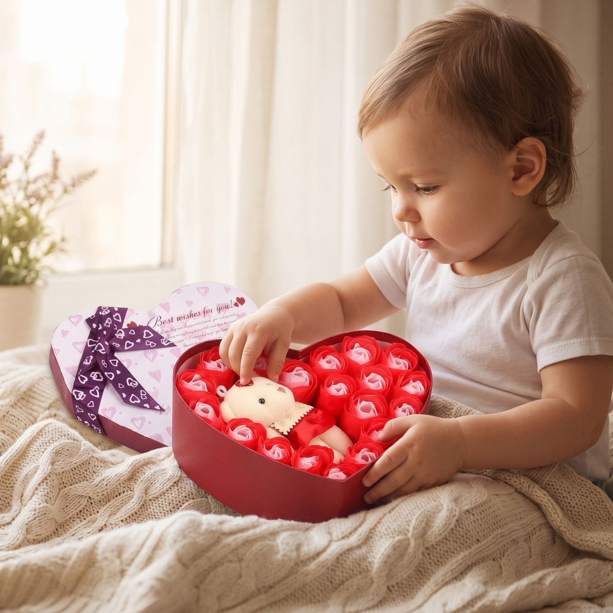 Rosenbär Kuscheltier Geschenkbox zum Valentinstag - Verwendung in gemütlichem Interieur