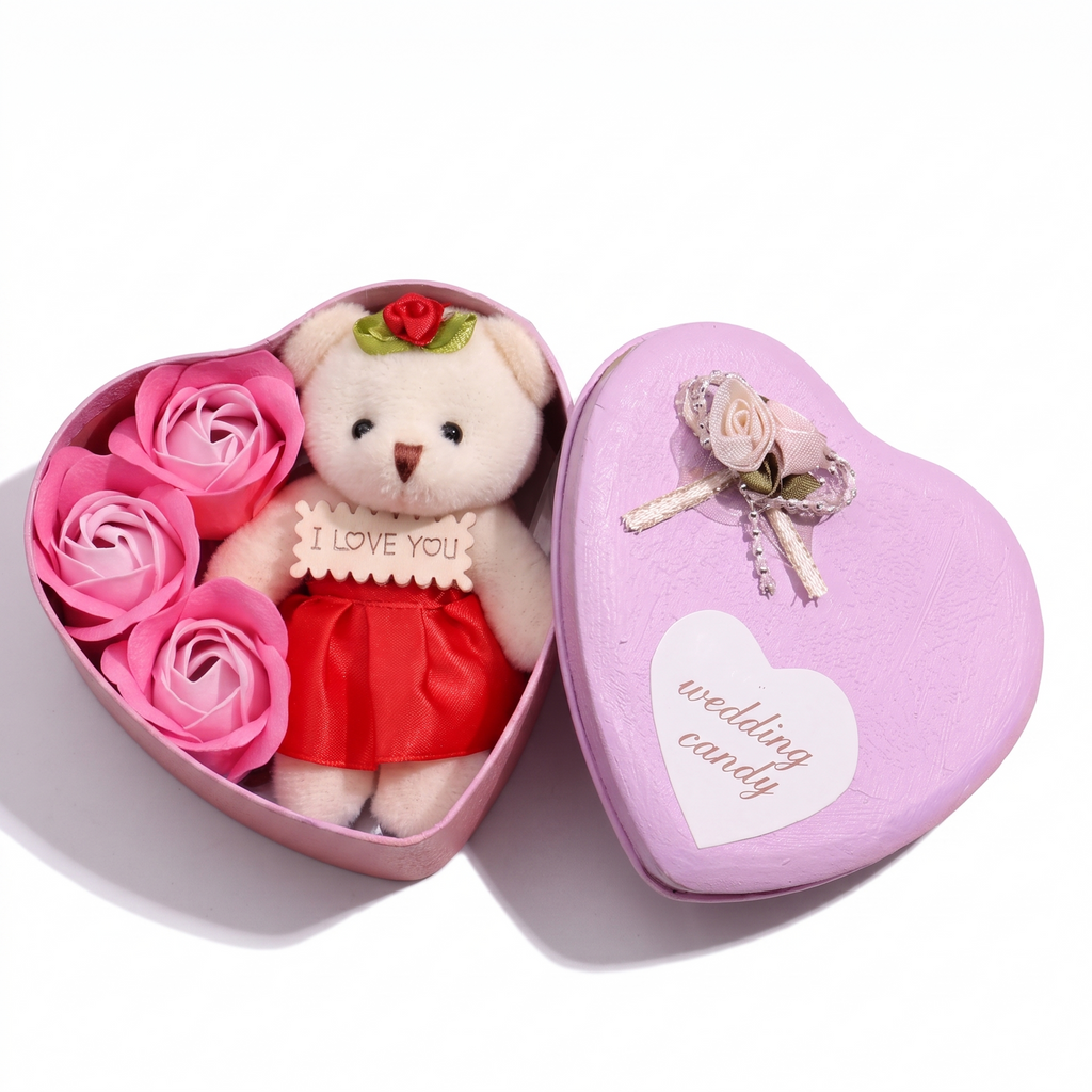 Liebes-Geschenkbox Teddybär Kuscheltier mit Rosen - Weißer Hintergrund Frontal