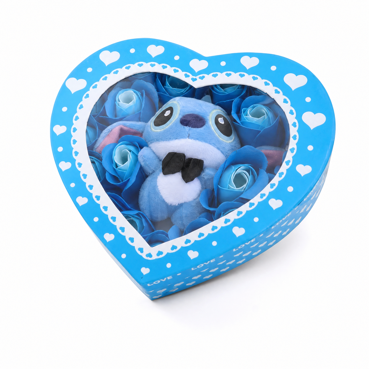 Stitch Kuscheltier Geschenkbox Herz mit blauen Rosen - Frontalansicht auf weißem Hintergrund