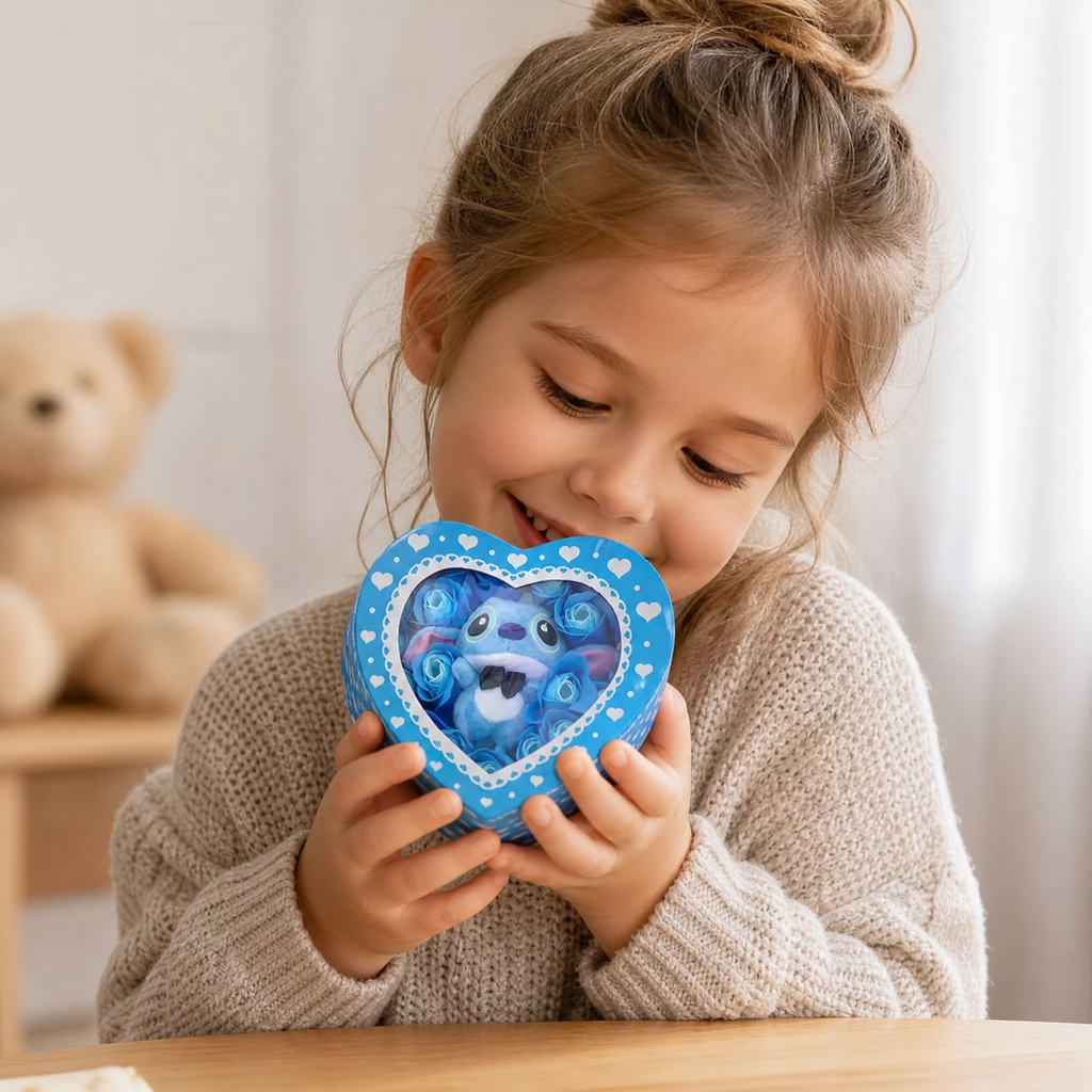 Stitch Kuscheltier Geschenkbox Herz mit blauen Rosen - Verwendung gemütlich zu Hause
